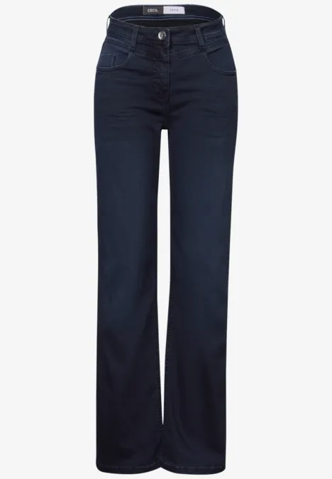 Dunkelblaue Jeans mit weitem Bein und klassischem Schnitt.